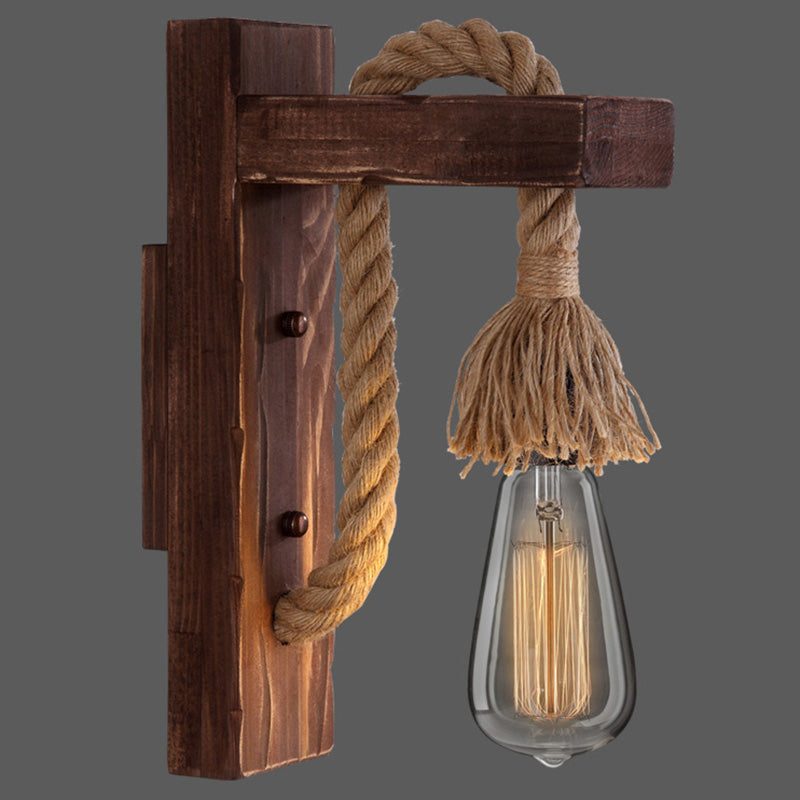Wooden L Shaped Wall Bracket Lantern Farmhouse 1 Bulb Bedroom Wall Light with Rope Arm Coffee Shadeless Clearhalo 'Industrial wall lights' 'Industrial' 'Middle century wall lights' 'Rustic wall lights' 'Tiffany' 'Wall Lamps & Sconces' 'Wall Lights' Lighting' 2466955