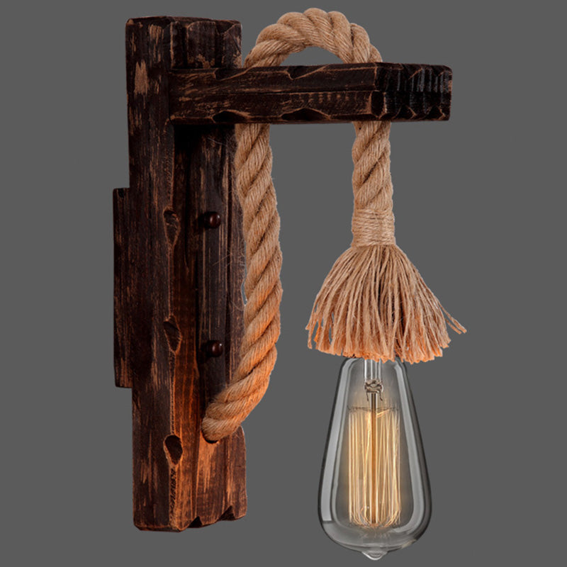 Wooden L Shaped Wall Bracket Lantern Farmhouse 1 Bulb Bedroom Wall Light with Rope Arm Bronze Shadeless Clearhalo 'Industrial wall lights' 'Industrial' 'Middle century wall lights' 'Rustic wall lights' 'Tiffany' 'Wall Lamps & Sconces' 'Wall Lights' Lighting' 2466956