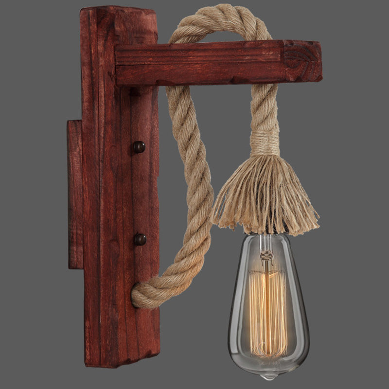 Wooden L Shaped Wall Bracket Lantern Farmhouse 1 Bulb Bedroom Wall Light with Rope Arm Red Shadeless Clearhalo 'Industrial wall lights' 'Industrial' 'Middle century wall lights' 'Rustic wall lights' 'Tiffany' 'Wall Lamps & Sconces' 'Wall Lights' Lighting' 2466958