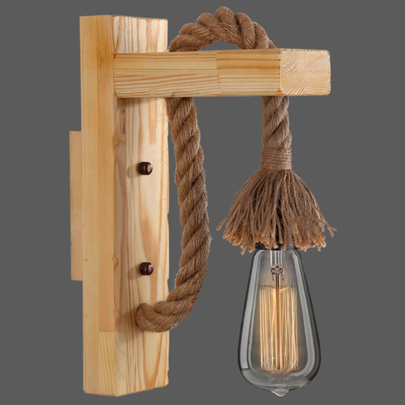 Wooden L Shaped Wall Bracket Lantern Farmhouse 1 Bulb Bedroom Wall Light with Rope Arm Wood Shadeless Clearhalo 'Industrial wall lights' 'Industrial' 'Middle century wall lights' 'Rustic wall lights' 'Tiffany' 'Wall Lamps & Sconces' 'Wall Lights' Lighting' 2466960