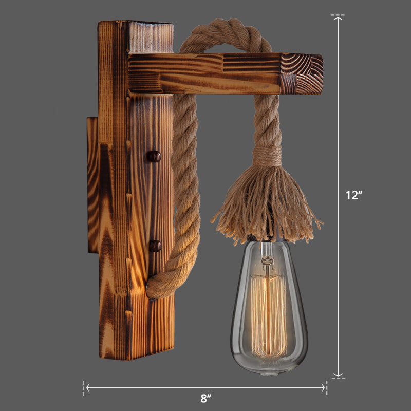 Wooden L Shaped Wall Bracket Lantern Farmhouse 1 Bulb Bedroom Wall Light with Rope Arm Clearhalo 'Industrial wall lights' 'Industrial' 'Middle century wall lights' 'Rustic wall lights' 'Tiffany' 'Wall Lamps & Sconces' 'Wall Lights' Lighting' 2466962