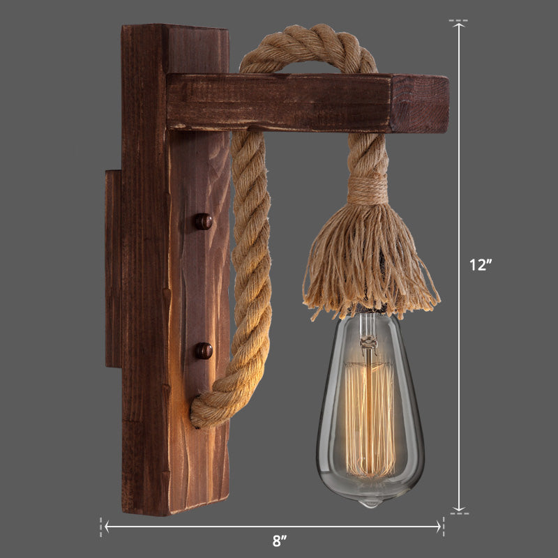 Wooden L Shaped Wall Bracket Lantern Farmhouse 1 Bulb Bedroom Wall Light with Rope Arm Clearhalo 'Industrial wall lights' 'Industrial' 'Middle century wall lights' 'Rustic wall lights' 'Tiffany' 'Wall Lamps & Sconces' 'Wall Lights' Lighting' 2466963
