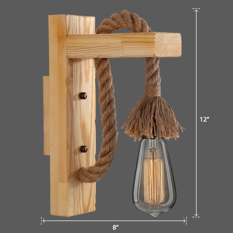 Wooden L Shaped Wall Bracket Lantern Farmhouse 1 Bulb Bedroom Wall Light with Rope Arm Clearhalo 'Industrial wall lights' 'Industrial' 'Middle century wall lights' 'Rustic wall lights' 'Tiffany' 'Wall Lamps & Sconces' 'Wall Lights' Lighting' 2466966