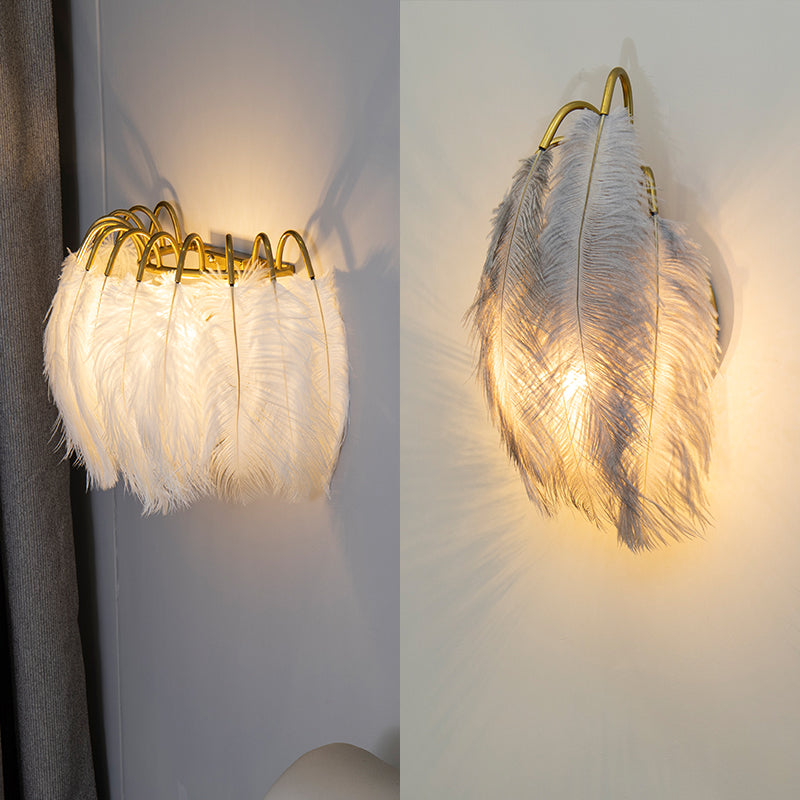 2 Lights Modern Metal Wall Sconce Feather Shade Wall Lighting for Bedroom Clearhalo 'Apliques' 'Iluminación' 'Lámpara de Pared' 'Modern wall lights' 'Modern' Hogar' 2467113