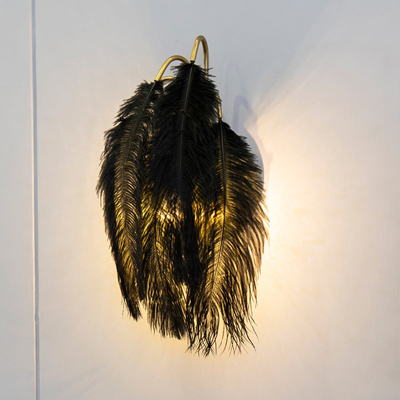 2 Lights Modern Metal Wall Sconce Feather Shade Wall Lighting for Bedroom Negro Hoja Clearhalo 'Apliques' 'Iluminación' 'Lámpara de Pared' 'Modern wall lights' 'Modern' Hogar' 2467123