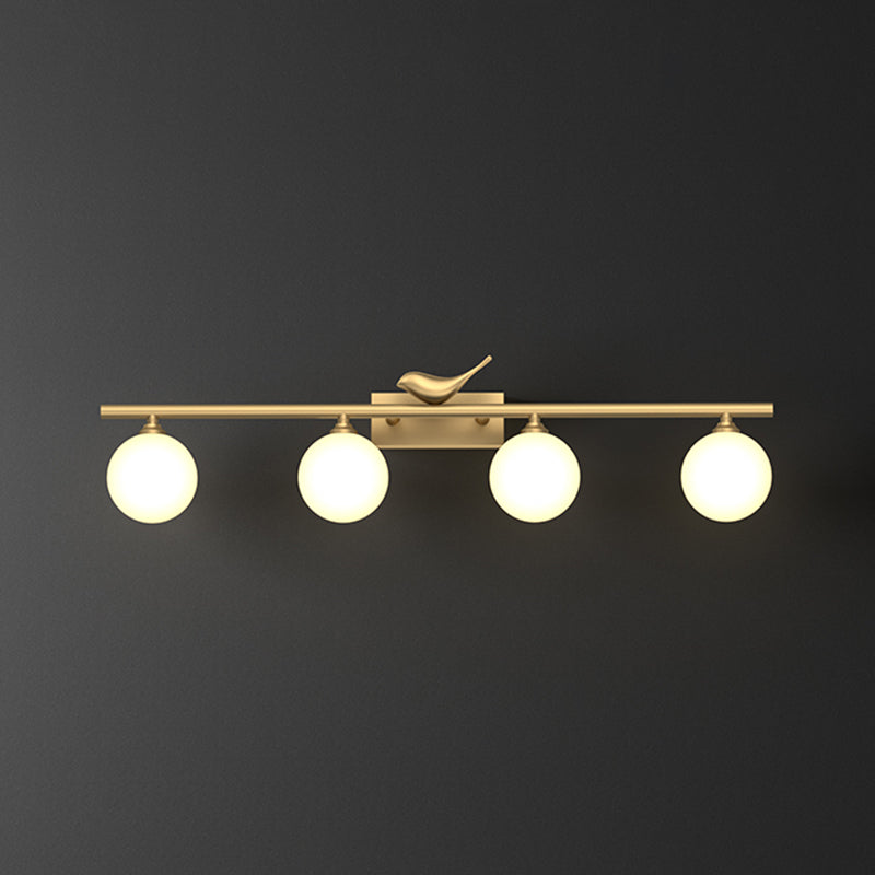 Ball Bathroom Vanity Sconce Opal Glass Postmodern Wall Light with Bird Decor in Brass 4.0 Brass Clearhalo 'Cast Iron' 'Glass' 'Industrial' 'Modern wall lights' 'Modern' 'Tiffany' 'Traditional wall lights' 'Vanity Lights' 'Wall Lights' Lighting' 2467205