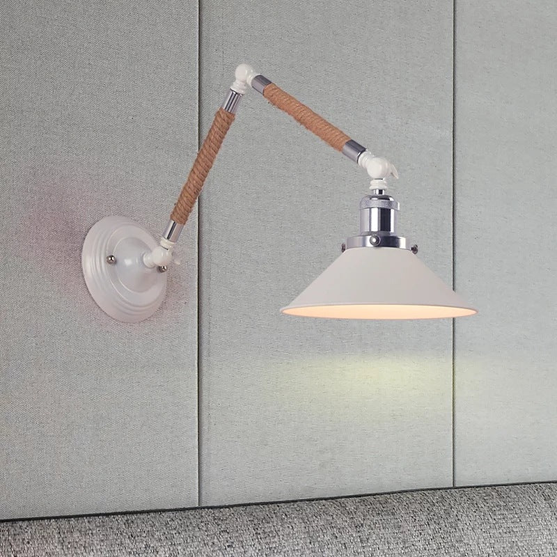 White Conical Task Wall Sconce Nordic Metal 1 Bulb Metal Wall Light Fixture with Swivelable Roped Arm Clearhalo 'Art deco wall lights' 'Cast Iron' 'Glass' 'Industrial wall lights' 'Industrial' 'Middle century wall lights' 'Modern' 'Rustic wall lights' 'Tiffany' 'Traditional wall lights' 'Wall Lamps & Sconces' 'Wall Lights' Lighting' 2467308
