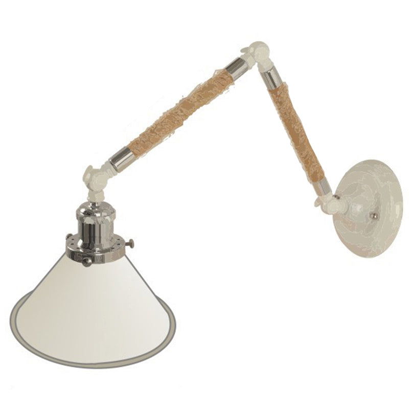 White Conical Task Wall Sconce Nordic Metal 1 Bulb Metal Wall Light Fixture with Swivelable Roped Arm White 7.5" Clearhalo 'Art deco wall lights' 'Cast Iron' 'Glass' 'Industrial wall lights' 'Industrial' 'Middle century wall lights' 'Modern' 'Rustic wall lights' 'Tiffany' 'Traditional wall lights' 'Wall Lamps & Sconces' 'Wall Lights' Lighting' 2467310