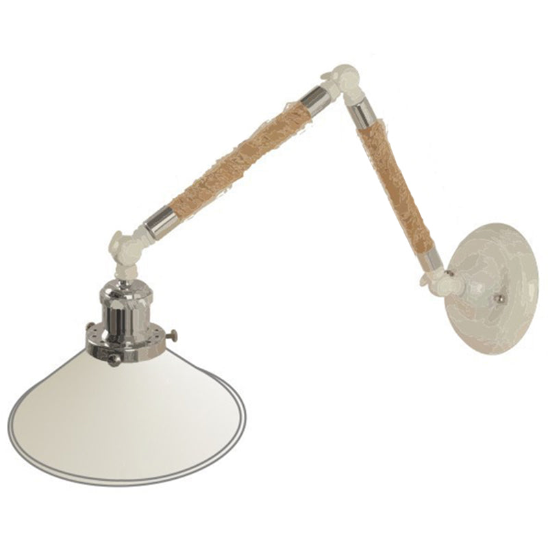 White Conical Task Wall Sconce Nordic Metal 1 Bulb Metal Wall Light Fixture with Swivelable Roped Arm White 8" Clearhalo 'Art deco wall lights' 'Cast Iron' 'Glass' 'Industrial wall lights' 'Industrial' 'Middle century wall lights' 'Modern' 'Rustic wall lights' 'Tiffany' 'Traditional wall lights' 'Wall Lamps & Sconces' 'Wall Lights' Lighting' 2467312