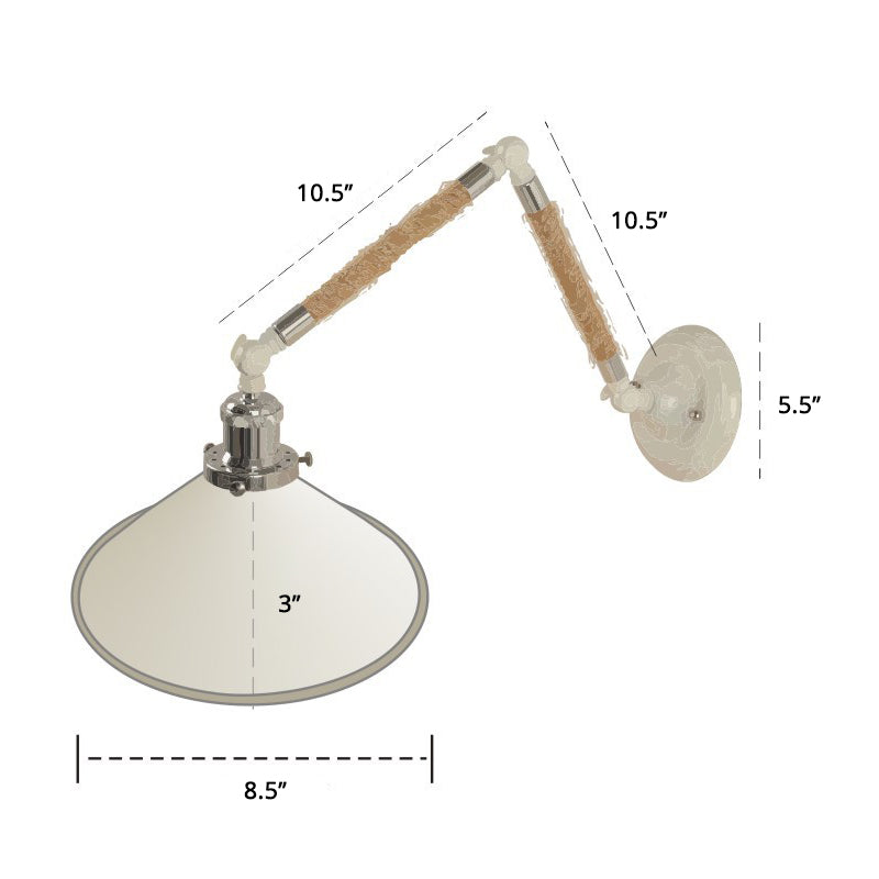 White Conical Task Wall Sconce Nordic Metal 1 Bulb Metal Wall Light Fixture with Swivelable Roped Arm Clearhalo 'Art deco wall lights' 'Cast Iron' 'Glass' 'Industrial wall lights' 'Industrial' 'Middle century wall lights' 'Modern' 'Rustic wall lights' 'Tiffany' 'Traditional wall lights' 'Wall Lamps & Sconces' 'Wall Lights' Lighting' 2467317