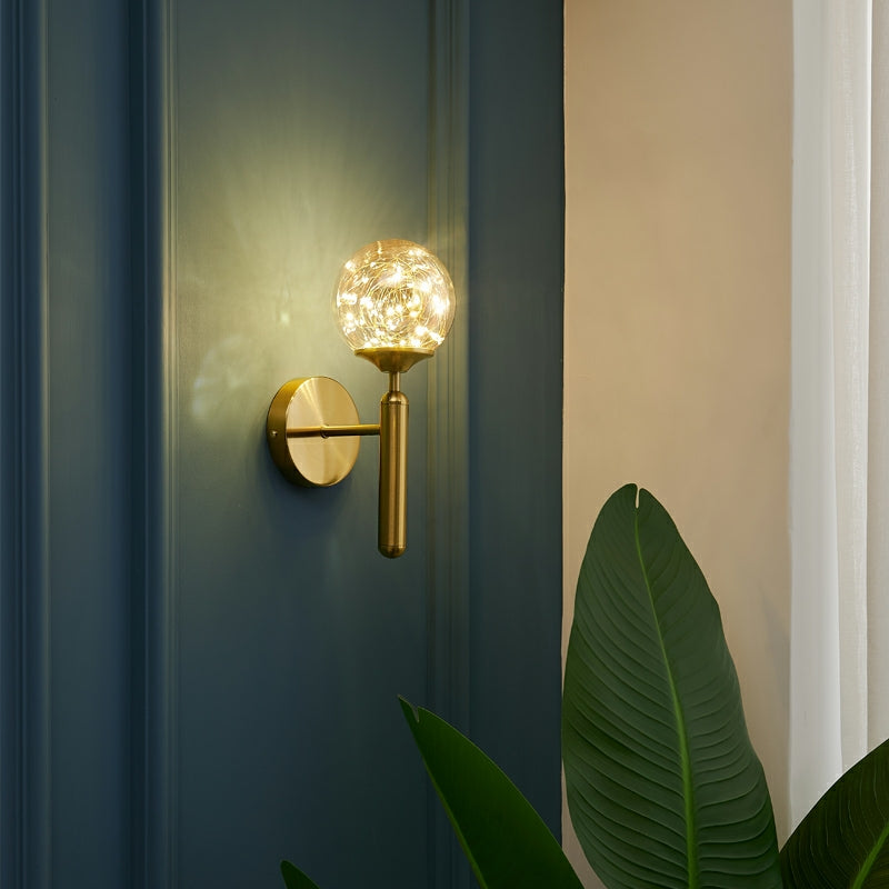 Ball Shaped Wall Light Fixture Postmodern Clear Glass Gold Wall Sconce with Starry LED String Gold Straight Clearhalo 'Cast Iron' 'Glass' 'Industrial' 'Modern wall lights' 'Modern' 'Tiffany' 'Traditional wall lights' 'Wall Lamps & Sconces' 'Wall Lights' Lighting' 2467322