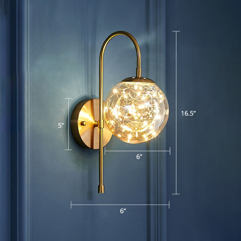 Ball Shaped Wall Light Fixture Postmodern Clear Glass Gold Wall Sconce with Starry LED String Clearhalo 'Cast Iron' 'Glass' 'Industrial' 'Modern wall lights' 'Modern' 'Tiffany' 'Traditional wall lights' 'Wall Lamps & Sconces' 'Wall Lights' Lighting' 2467326