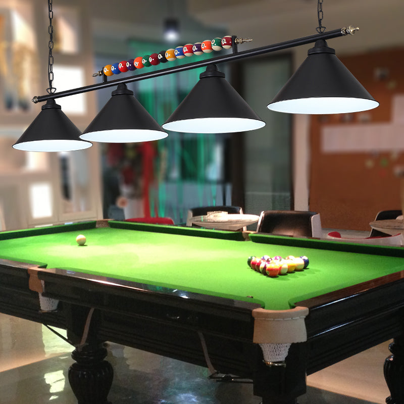 Conical Shade Billiard Lamp Industrial Style Metal Country Club Island Light with Rolled Edge 4 Black Straight Clearhalo 'Ceiling Lights' 'Island Lights' Lighting' 2467362