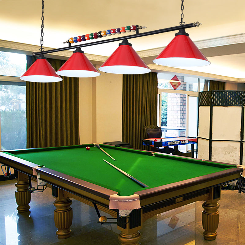 Conical Shade Billiard Lamp Industrial Style Metal Country Club Island Light with Rolled Edge 4 Red Straight Clearhalo 'Ceiling Lights' 'Island Lights' Lighting' 2467365