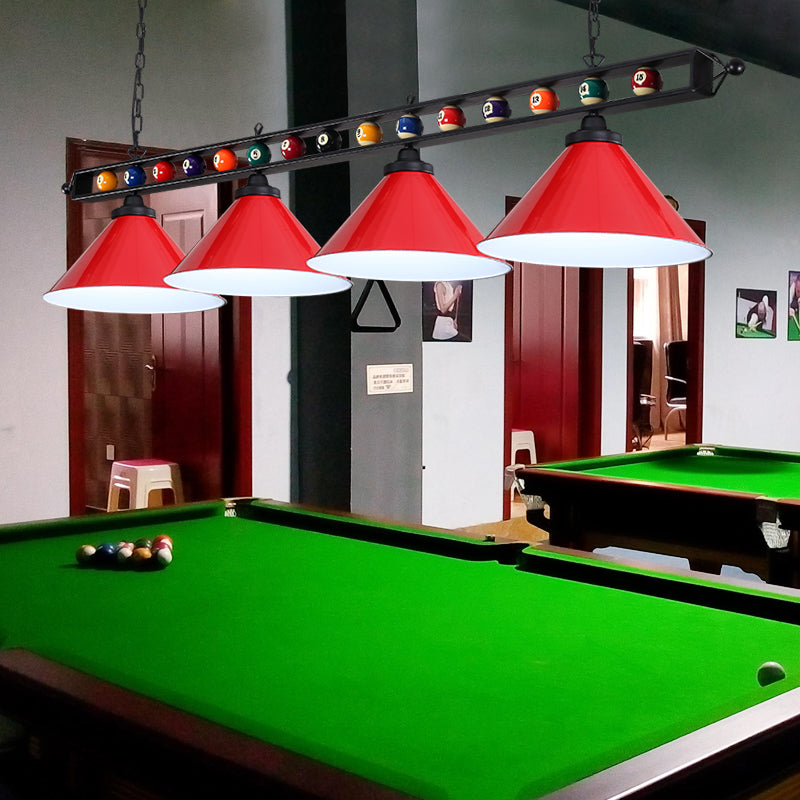 Conical Shade Billiard Lamp Industrial Style Metal Country Club Island Light with Rolled Edge 4 Red Metal Frame Clearhalo 'Ceiling Lights' 'Island Lights' Lighting' 2467369