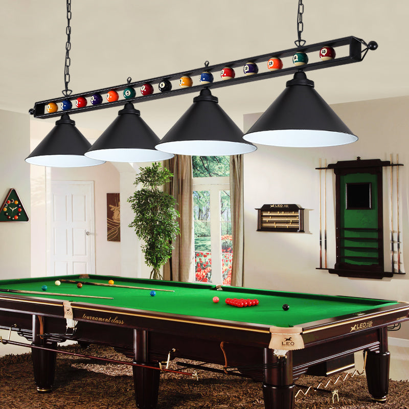 Conical Shade Billiard Lamp Industrial Style Metal Country Club Island Light with Rolled Edge 4 Black Metal Frame Clearhalo 'Ceiling Lights' 'Island Lights' Lighting' 2467370