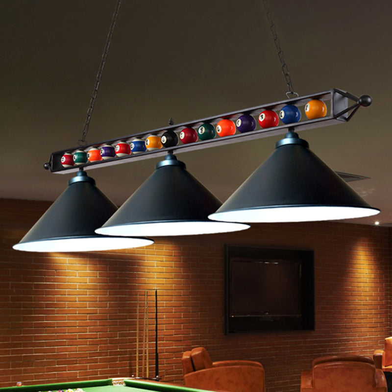 Conical Shade Billiard Lamp Industrial Style Metal Country Club Island Light with Rolled Edge 3 Black Metal Frame Clearhalo 'Ceiling Lights' 'Island Lights' Lighting' 2467378