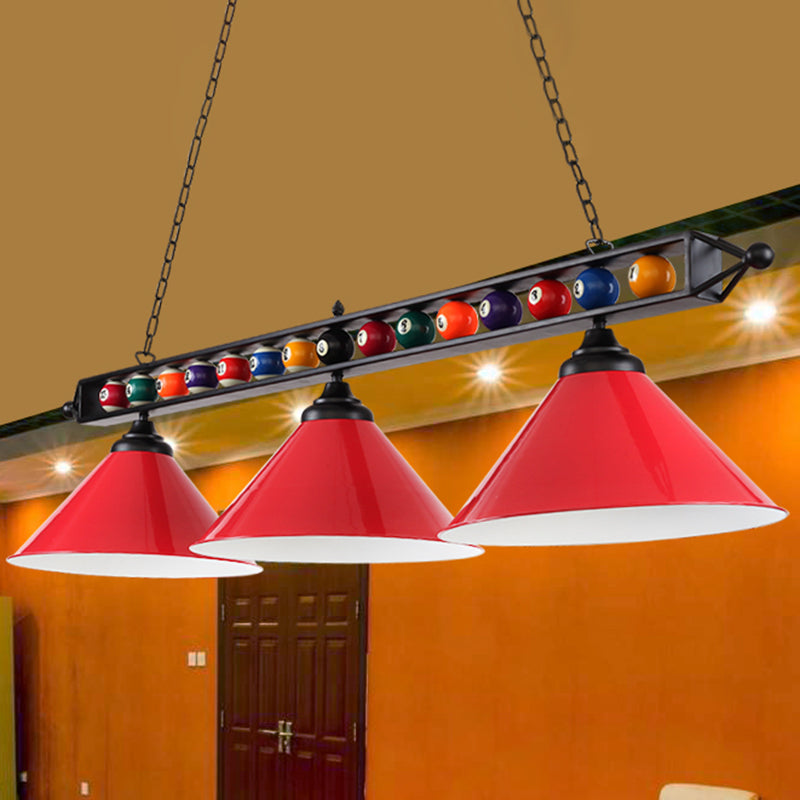 Conical Shade Billiard Lamp Industrial Style Metal Country Club Island Light with Rolled Edge 3 Red Metal Frame Clearhalo 'Ceiling Lights' 'Island Lights' Lighting' 2467380