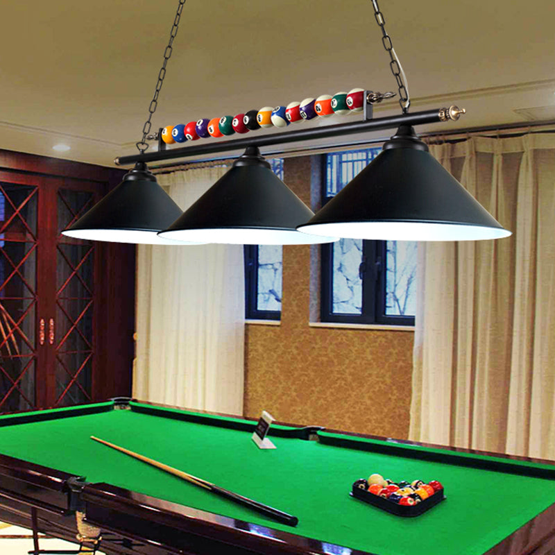 Conical Shade Billiard Lamp Industrial Style Metal Country Club Island Light with Rolled Edge 3 Black Straight Clearhalo 'Ceiling Lights' 'Island Lights' Lighting' 2467381