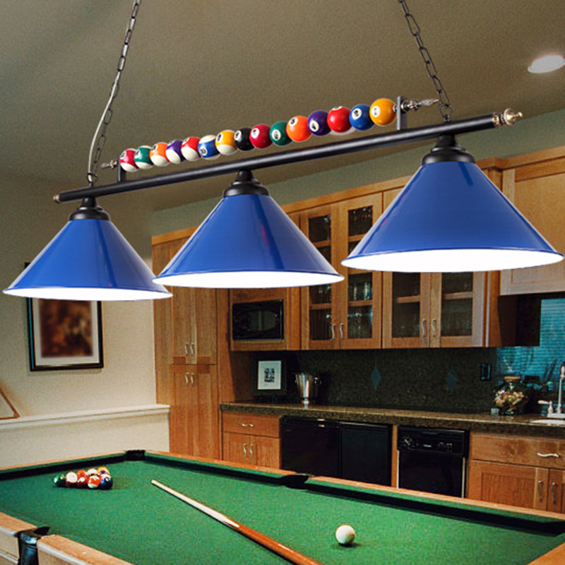 Conical Shade Billiard Lamp Industrial Style Metal Country Club Island Light with Rolled Edge 3 Blue Straight Clearhalo 'Ceiling Lights' 'Island Lights' Lighting' 2467384