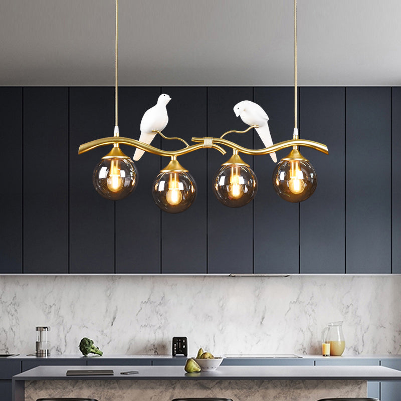 Glass Spherical Hanging Light Postmodern 4-Bulb Ceiling Pendant with Twig and Bird Deco Clearhalo 'Ceiling Lights' 'Island Lights' Lighting' 2467423