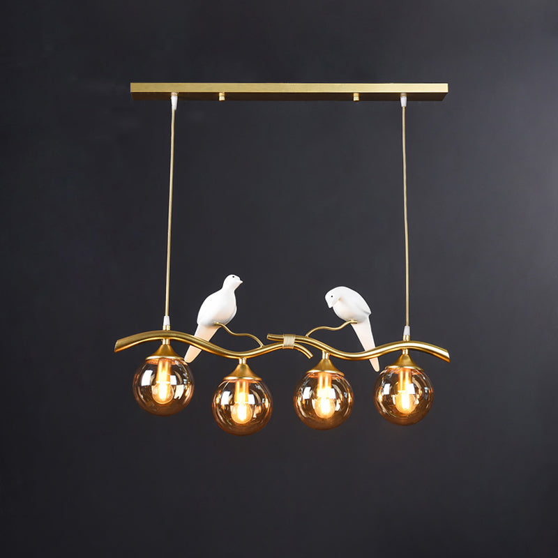 Glass Spherical Hanging Light Postmodern 4-Bulb Ceiling Pendant with Twig and Bird Deco Gold Amber Clearhalo 'Ceiling Lights' 'Island Lights' Lighting' 2467424