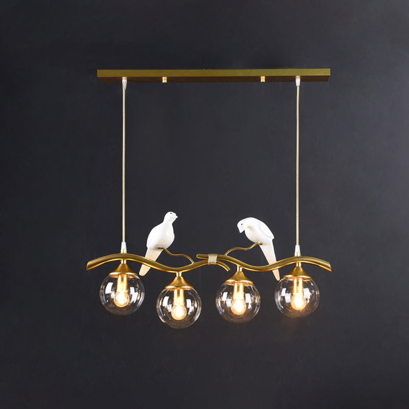 Glass Spherical Hanging Light Postmodern 4-Bulb Ceiling Pendant with Twig and Bird Deco Gold Clear Clearhalo 'Ceiling Lights' 'Island Lights' Lighting' 2467425
