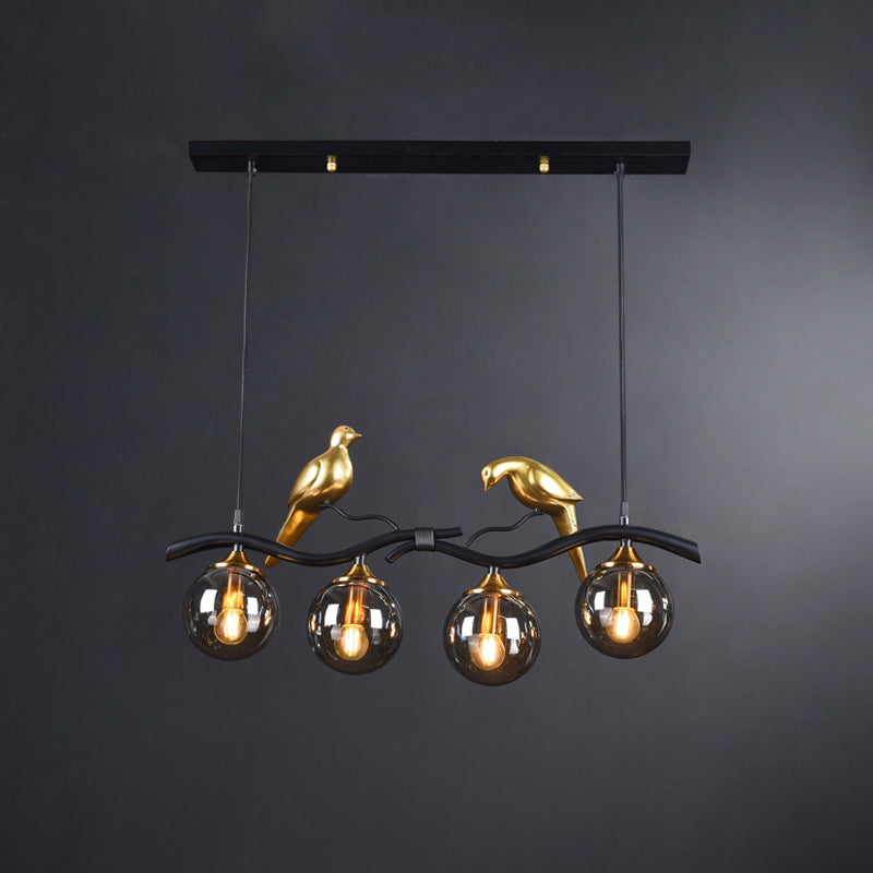 Glass Spherical Hanging Light Postmodern 4-Bulb Ceiling Pendant with Twig and Bird Deco Black Smoke Grey Clearhalo 'Ceiling Lights' 'Island Lights' Lighting' 2467428