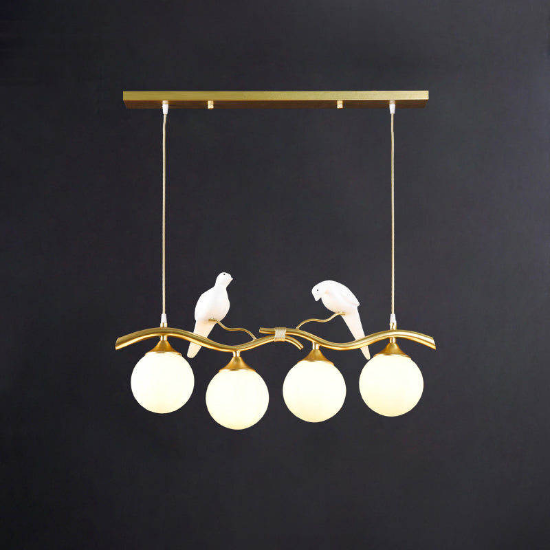 Glass Spherical Hanging Light Postmodern 4-Bulb Ceiling Pendant with Twig and Bird Deco Gold Milk White Clearhalo 'Ceiling Lights' 'Island Lights' Lighting' 2467429