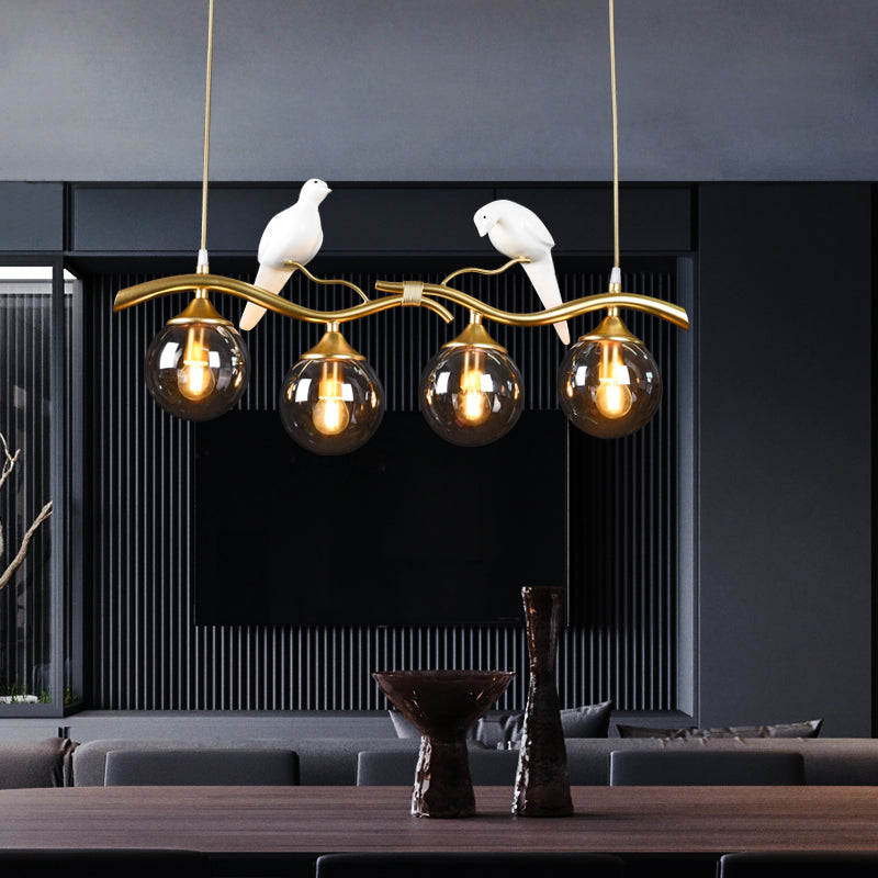 Glass Spherical Hanging Light Postmodern 4-Bulb Ceiling Pendant with Twig and Bird Deco Clearhalo 'Ceiling Lights' 'Island Lights' Lighting' 2467430