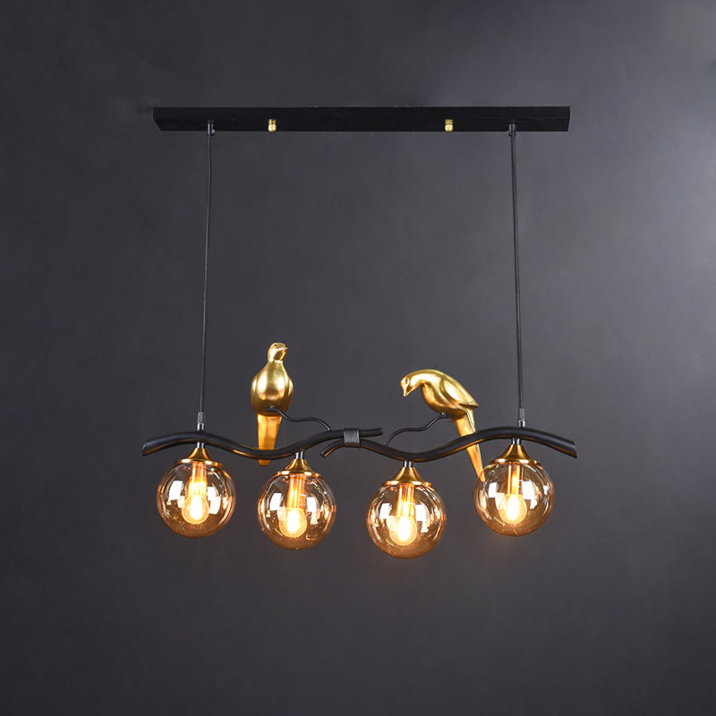 Glass Spherical Hanging Light Postmodern 4-Bulb Ceiling Pendant with Twig and Bird Deco Black Amber Clearhalo 'Ceiling Lights' 'Island Lights' Lighting' 2467431