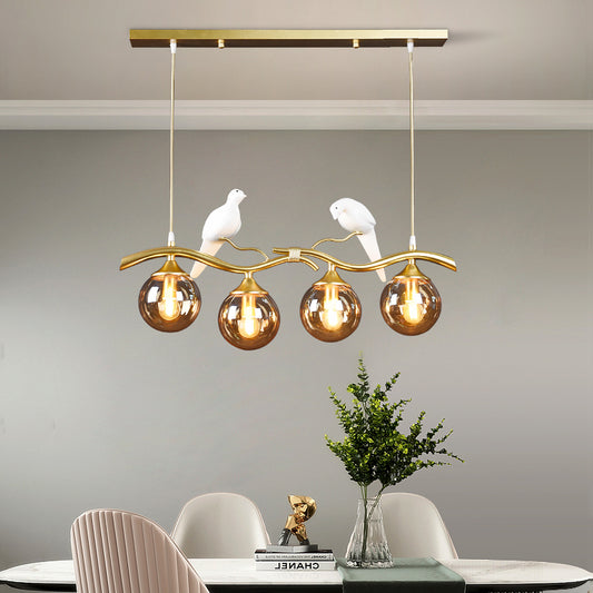 Glass Spherical Hanging Light Postmodern 4-Bulb Ceiling Pendant with Twig and Bird Deco Clearhalo 'Ceiling Lights' 'Island Lights' Lighting' 2467432