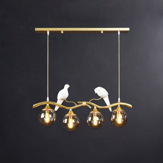 Glass Spherical Hanging Light Postmodern 4-Bulb Ceiling Pendant with Twig and Bird Deco Gold Smoke Grey Clearhalo 'Ceiling Lights' 'Island Lights' Lighting' 2467433