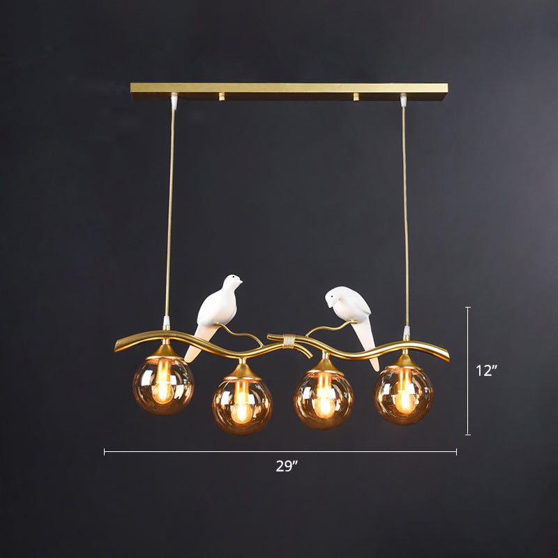 Glass Spherical Hanging Light Postmodern 4-Bulb Ceiling Pendant with Twig and Bird Deco Clearhalo 'Ceiling Lights' 'Island Lights' Lighting' 2467434