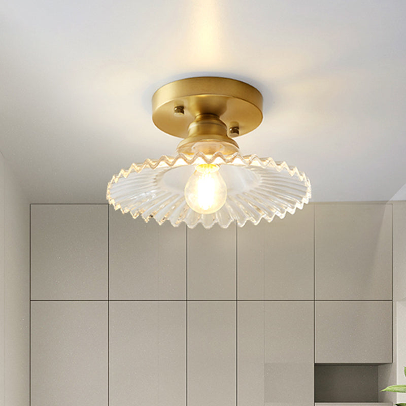 Small Glass Flush Ceiling Light Nautical 1 Bulb Corridor Semi Mount Lighting in Brass Clearhalo 'Ceiling Lights' 'Close To Ceiling Lights' 'Close to ceiling' 'Semi-flushmount' Lighting' 2467445