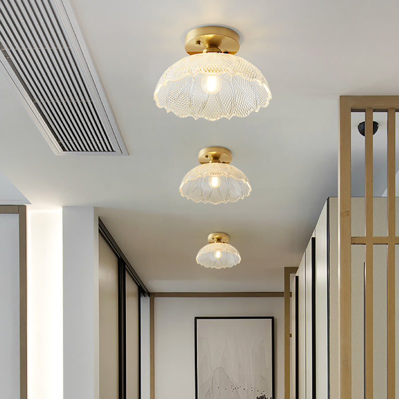 Small Glass Flush Ceiling Light Nautical 1 Bulb Corridor Semi Mount Lighting in Brass Clearhalo 'Ceiling Lights' 'Close To Ceiling Lights' 'Close to ceiling' 'Semi-flushmount' Lighting' 2467450