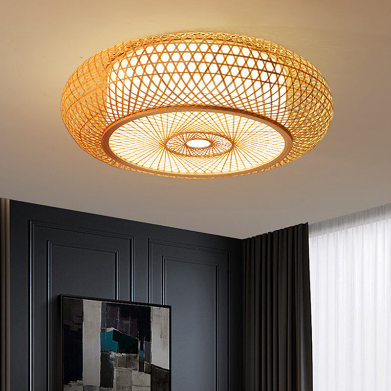 Criss-Cross Woven Bamboo Ceiling Lamp Asian 1-Bulb Wood Flush Mount Light Fixture for Bedroom Clearhalo 'Ceiling Lights' 'Close To Ceiling Lights' 'Close to ceiling' Lighting' 2467464