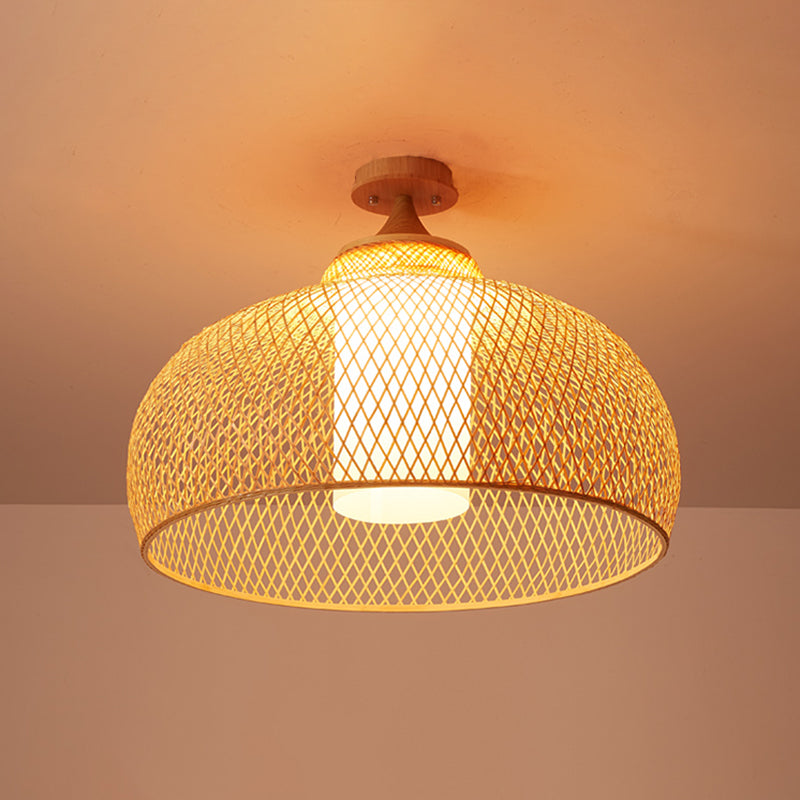Criss-Cross Woven Bamboo Ceiling Lamp Asian 1-Bulb Wood Flush Mount Light Fixture for Bedroom Wood Bowl Clearhalo 'Ceiling Lights' 'Close To Ceiling Lights' 'Close to ceiling' Lighting' 2467465