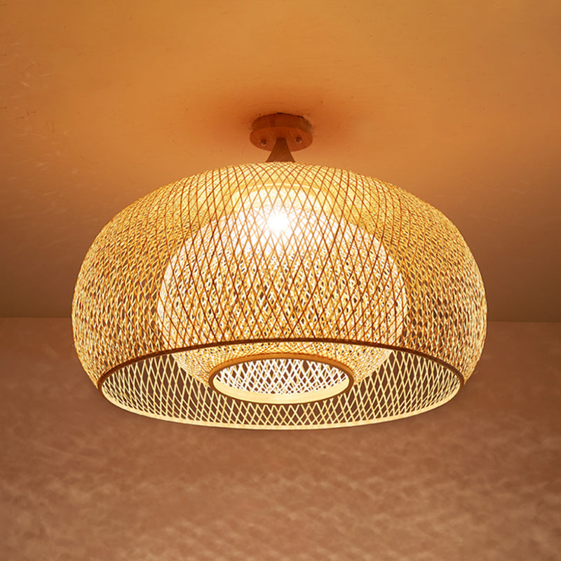 Criss-Cross Woven Bamboo Ceiling Lamp Asian 1-Bulb Wood Flush Mount Light Fixture for Bedroom Wood Dome Clearhalo 'Ceiling Lights' 'Close To Ceiling Lights' 'Close to ceiling' Lighting' 2467466