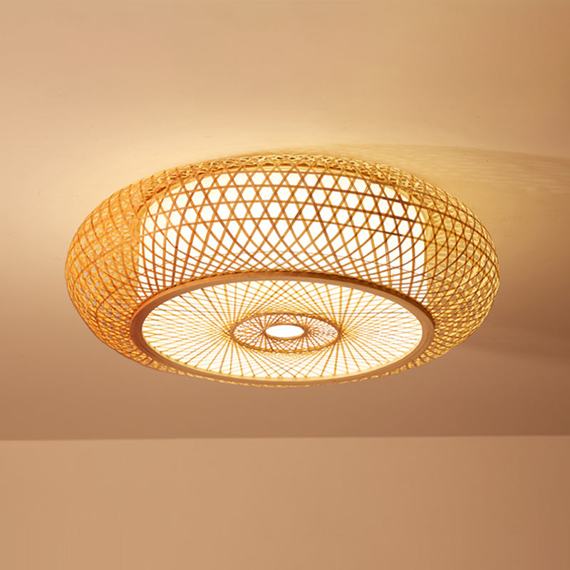 Criss-Cross Woven Bamboo Ceiling Lamp Asian 1-Bulb Wood Flush Mount Light Fixture for Bedroom Wood Drum Clearhalo 'Ceiling Lights' 'Close To Ceiling Lights' 'Close to ceiling' Lighting' 2467468