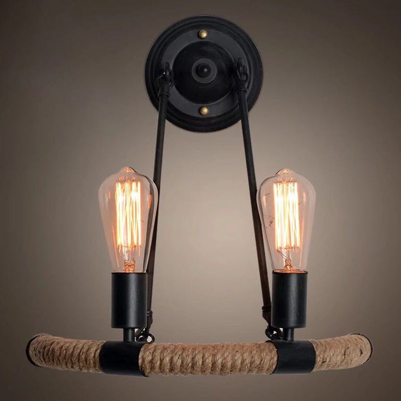 2-Head Arc Sconce Lamp Industrial Black Hemp Rope Wall Lighting Fixture for Restaurant Clearhalo 'Industrial wall lights' 'Industrial' 'Middle century wall lights' 'Tiffany' 'Wall Lamps & Sconces' 'Wall Lights' Lighting' 2467481