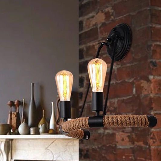 2-Head Arc Sconce Lamp Industrial Black Hemp Rope Wall Lighting Fixture for Restaurant Clearhalo 'Industrial wall lights' 'Industrial' 'Middle century wall lights' 'Tiffany' 'Wall Lamps & Sconces' 'Wall Lights' Lighting' 2467482