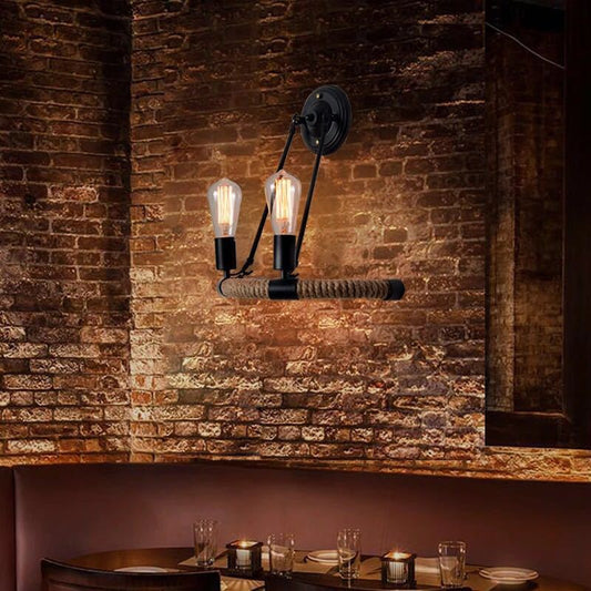 2-Head Arc Sconce Lamp Industrial Black Hemp Rope Wall Lighting Fixture for Restaurant Clearhalo 'Industrial wall lights' 'Industrial' 'Middle century wall lights' 'Tiffany' 'Wall Lamps & Sconces' 'Wall Lights' Lighting' 2467483