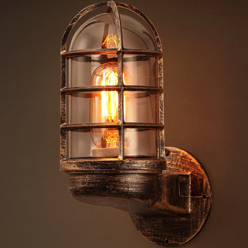 Half-Capsule Caged Glass Wall Lamp Industrial 1 Bulb Bathroom Sconce Lighting Fixture Rust Clearhalo 'Art deco wall lights' 'Cast Iron' 'Glass' 'Industrial wall lights' 'Industrial' 'Middle century wall lights' 'Modern' 'Rustic wall lights' 'Tiffany' 'Traditional wall lights' 'Wall Lamps & Sconces' 'Wall Lights' Lighting' 2467542
