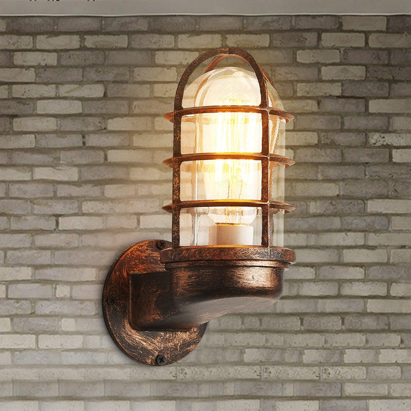 Half-Capsule Caged Glass Wall Lamp Industrial 1 Bulb Bathroom Sconce Lighting Fixture Clearhalo 'Art deco wall lights' 'Cast Iron' 'Glass' 'Industrial wall lights' 'Industrial' 'Middle century wall lights' 'Modern' 'Rustic wall lights' 'Tiffany' 'Traditional wall lights' 'Wall Lamps & Sconces' 'Wall Lights' Lighting' 2467544