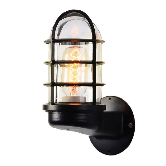 Half-Capsule Caged Glass Wall Lamp Industrial 1 Bulb Bathroom Sconce Lighting Fixture Black Clearhalo 'Art deco wall lights' 'Cast Iron' 'Glass' 'Industrial wall lights' 'Industrial' 'Middle century wall lights' 'Modern' 'Rustic wall lights' 'Tiffany' 'Traditional wall lights' 'Wall Lamps & Sconces' 'Wall Lights' Lighting' 2467547