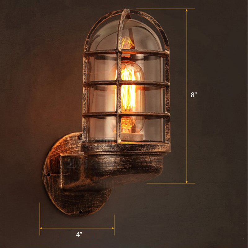 Half-Capsule Caged Glass Wall Lamp Industrial 1 Bulb Bathroom Sconce Lighting Fixture Clearhalo 'Art deco wall lights' 'Cast Iron' 'Glass' 'Industrial wall lights' 'Industrial' 'Middle century wall lights' 'Modern' 'Rustic wall lights' 'Tiffany' 'Traditional wall lights' 'Wall Lamps & Sconces' 'Wall Lights' Lighting' 2467549