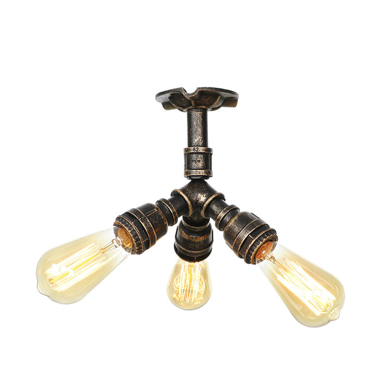 Steampunk Pipe Semi Flush Light Wrought Iron Close to Ceiling Light in Bronze for Living Room 3 Bronze Clearhalo 'Ceiling Lights' 'Close To Ceiling Lights' 'Close to ceiling' 'Semi-flushmount' Lighting' 2467866