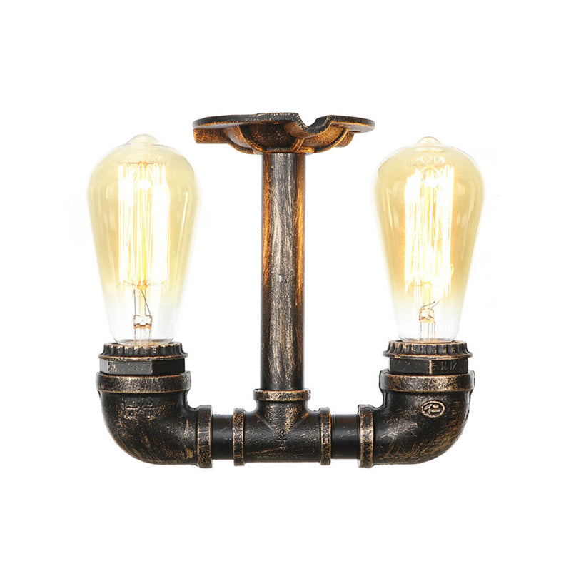 Steampunk Pipe Semi Flush Light Wrought Iron Close to Ceiling Light in Bronze for Living Room 2 Bronze Clearhalo 'Ceiling Lights' 'Close To Ceiling Lights' 'Close to ceiling' 'Semi-flushmount' Lighting' 2467867