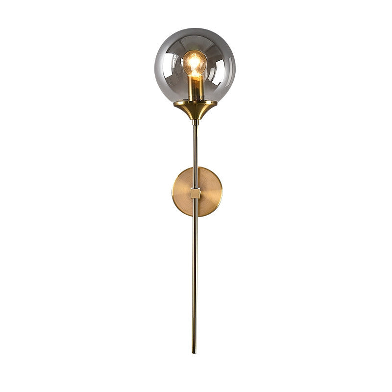 Brass Pencil Arm Wall Lamp Postmodern 1 Head Metal Sconce Light with Ball Glass Shade Clearhalo 'Cast Iron' 'Glass' 'Industrial' 'Modern wall lights' 'Modern' 'Tiffany' 'Traditional wall lights' 'Wall Lamps & Sconces' 'Wall Lights' Lighting' 2467897